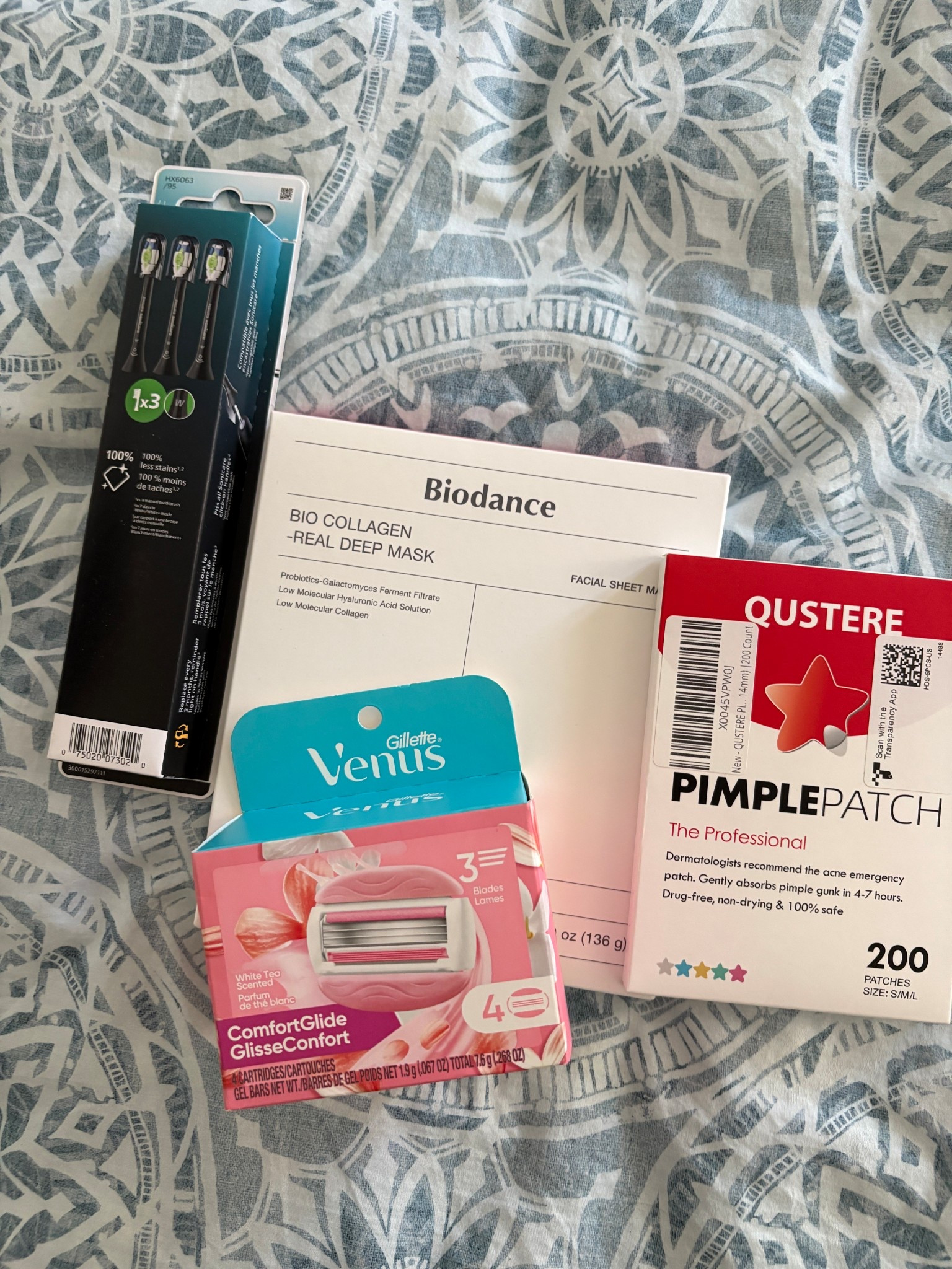 A mini-amazon haul for some of my essentials! 

ID: toothbrush heads, biodance collagen masks, Venus razor heads, and pimple patches  