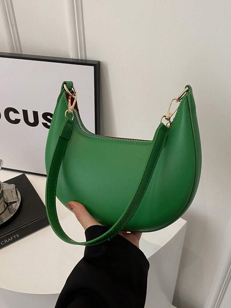 1pc Pu Material Solid Color Crescent Shape Zipper Closure Shoulder Bag Suitable For Women's Daily... | SHEIN
