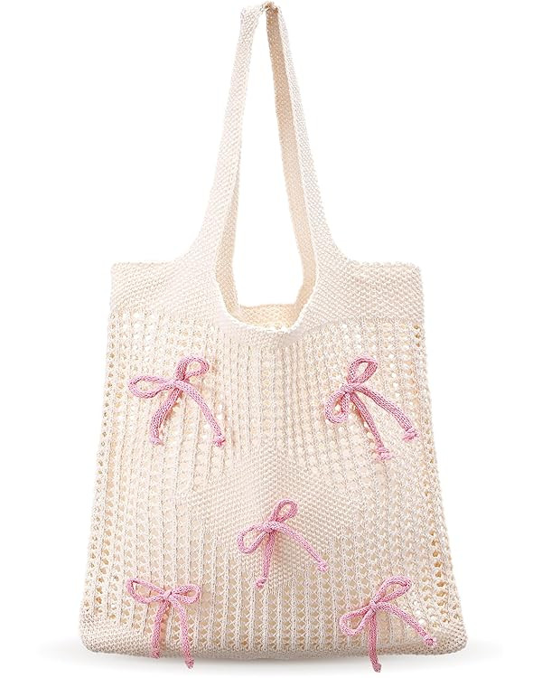 Bow Beach Bag Coquette Bow Tote Bag for Women Cute Preppy Shoulder Handbag for Girls Summer Beach... | Amazon (US)