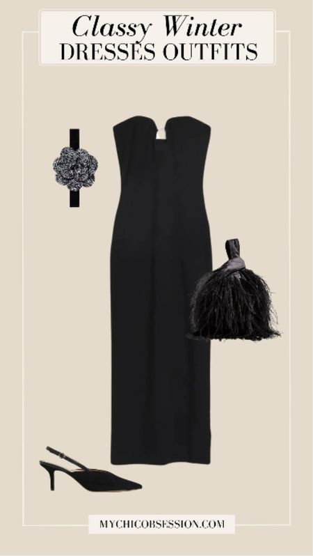 This daring take on the little black dress is the perfect way to make a statement with your outfit, even during the colder months. Because this is a simpler style of dress, add flair to it with your accessories by having fun with a floral choker necklace and a feathered bag.

#LTKSeasonal #LTKstyletip