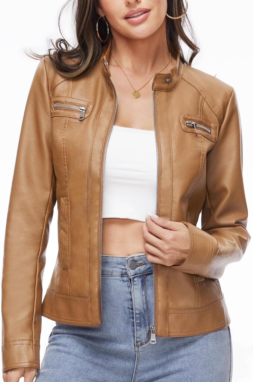 Women's Stand Collar Faux Leather Jacket, Multiple Colors, S-XXL | Amazon (US)
