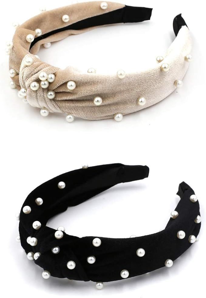 Geqian1982 Pearl Headbands for Women Top Knot Velvet Headband Vintage Wide Hairband Hair Hoops Ha... | Amazon (US)