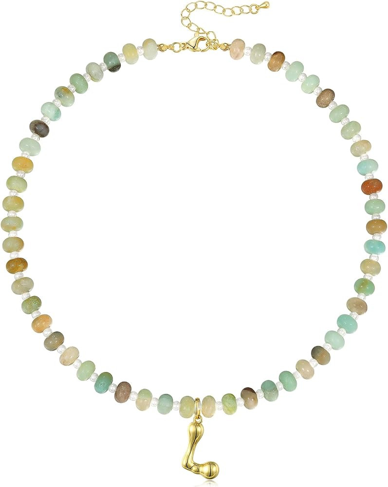 KissYan Initial Necklaces for Women, Colorful Beaded Gemstone Choker 14K Gold Bubble Letter Penda... | Amazon (US)