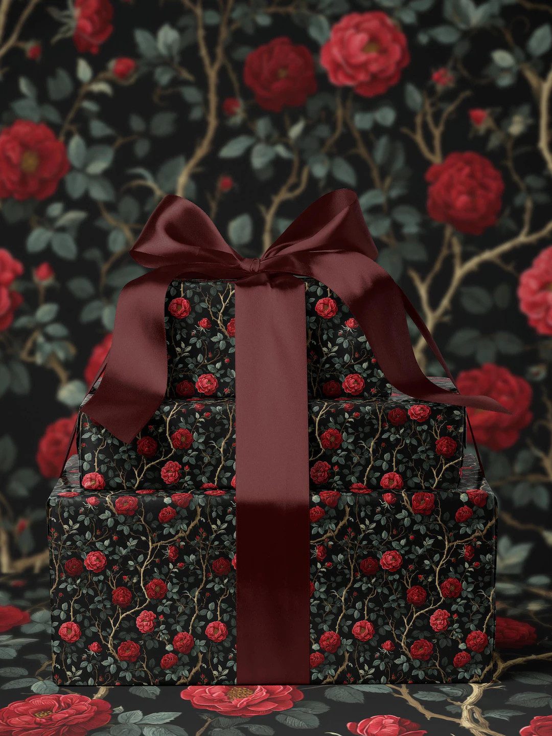 Dark Floral Wrapping Paper Rose Gift Wrap Botanical Flower Print Wedding Gift Wrapping Paper Roll... | Etsy (US)