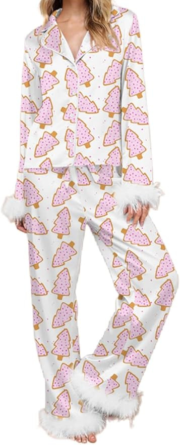 Women Christmas Pajama Sets Feather Trim Long Sleeve Button Down Shirt and Pants 2 Piece Xmas Sle... | Amazon (US)