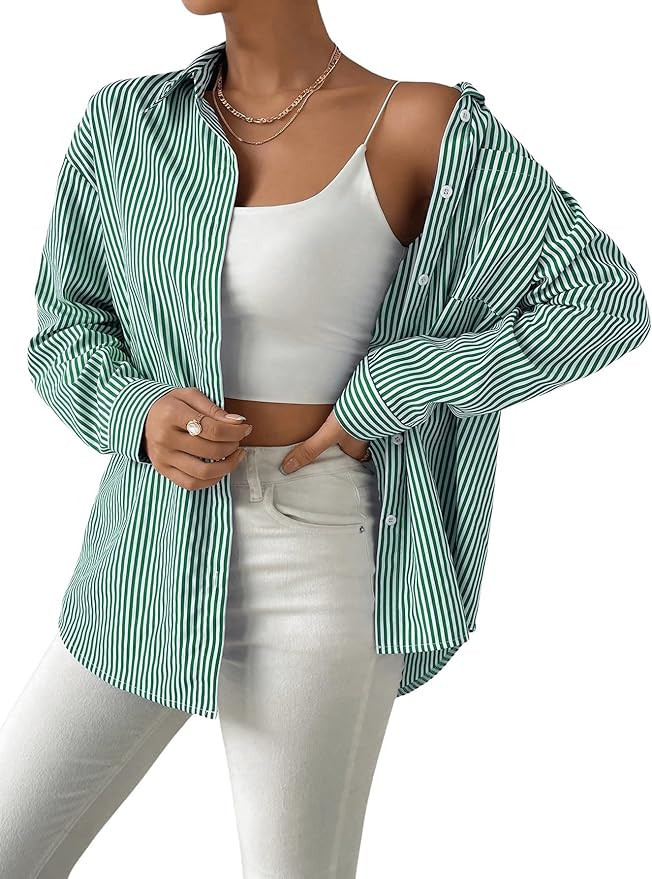 SweatyRocks Women's Striped Long Sleeve Button Down Shirt Casual Collared Pocket Blouse | Amazon (US)