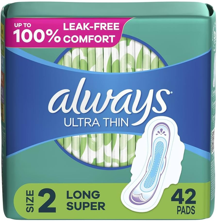 Always Ultra Thin Pads with Flexi-Wings, Size 2, Long Super, Unscented, 42 CT | Amazon (US)