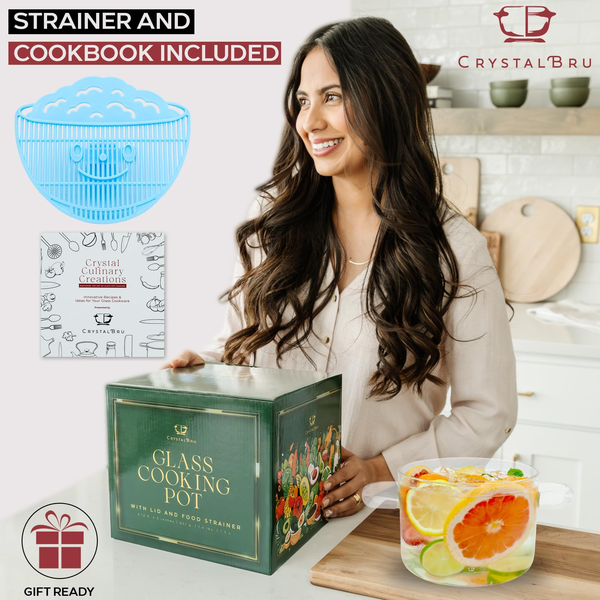 2L Clear Glass Simmer Pot with Lid & Strainer | Heat-Resistant Borosilicate Glass Pot for Pasta, ... | Amazon (US)