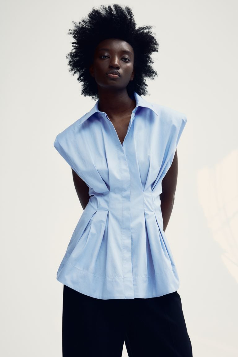 Tapered-waist Cotton Blouse - Light blue - Ladies | H&M US | H&M (US + CA)