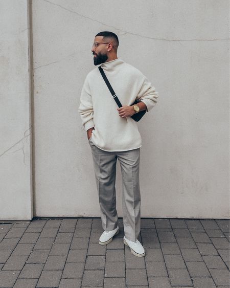 SALE 🚨 items from this look are currently on sale up to 70% off… FEAR OF GOD Cashmere Turtleneck Sweater in ‘White’ (size M) and Everyday Trouser in ‘Grey’ (size M). FEAR OF GOD x ZEGNA Suede Tennis Shoes in ‘White’ (size 9US). FEAR OF GOD x BARTON PERREIRA glasses in ‘Matte Taupe’. THE ROW Slouchy Banana Bag in ‘Black’. An elevated and relaxed men’s look that’s perfect for a night out. Add a topcoat to complete the layered look. 

#LTKsalealert #LTKstyletip #LTKmens