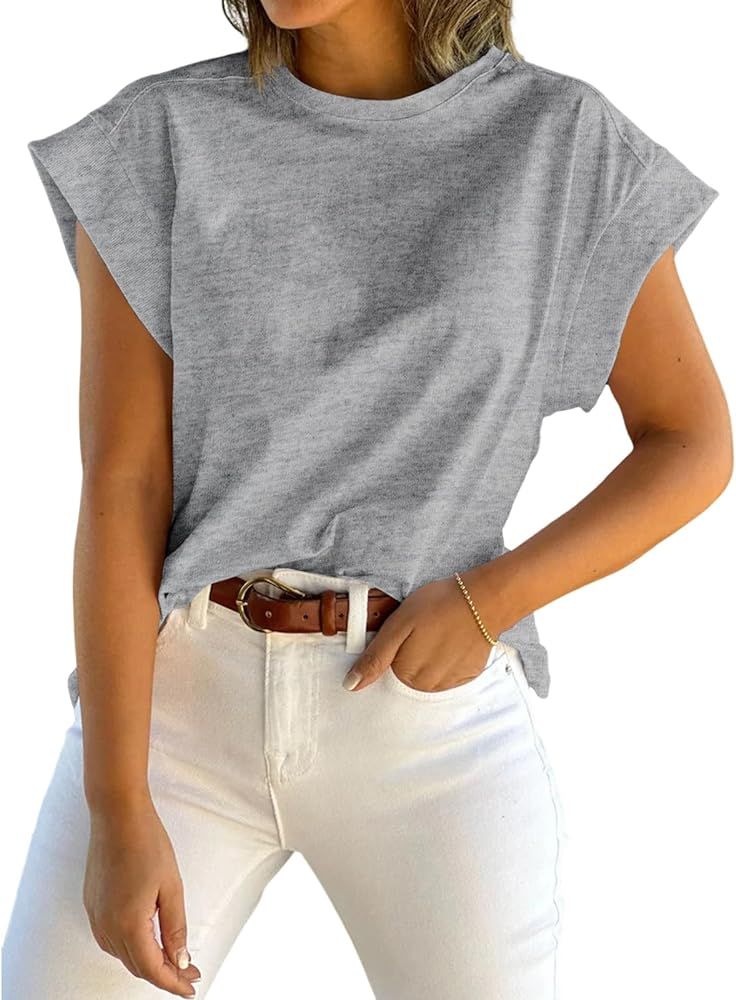 Tankaneo Womens Summer Cap Sleeve Tank Top Crew Neck Solid Casual Loose Fit Basic Tee Shirt | Amazon (US)