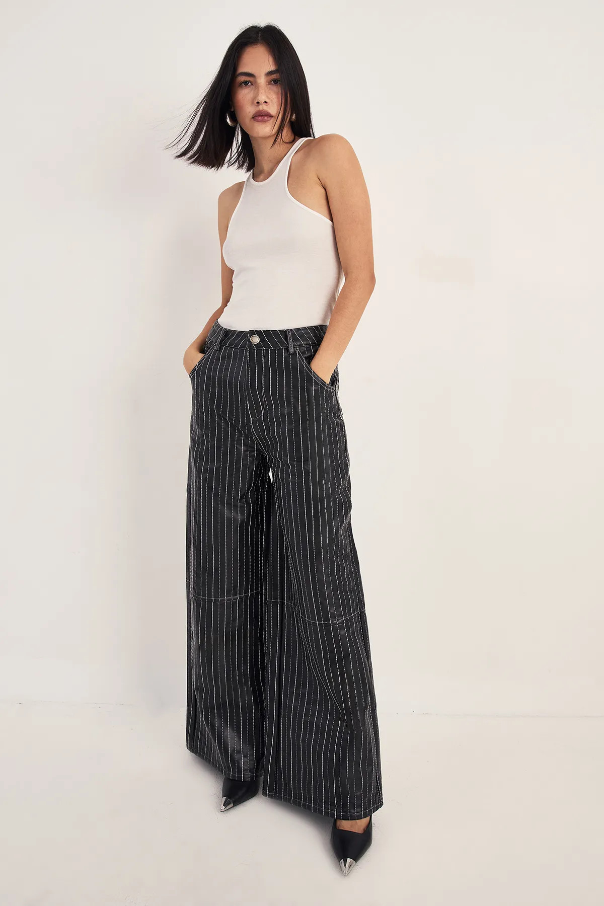 Pinstripe Embroidered Faux Leather Slouch Pant | Nasty Gal US