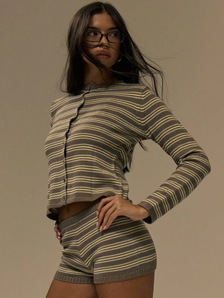 MUSERA Scalloped Crew Neck Striped Button Down Cardigan Fall Cute Streetwear Festival Farmhouse, Country, Vintage, Fall Autumn | SHEIN