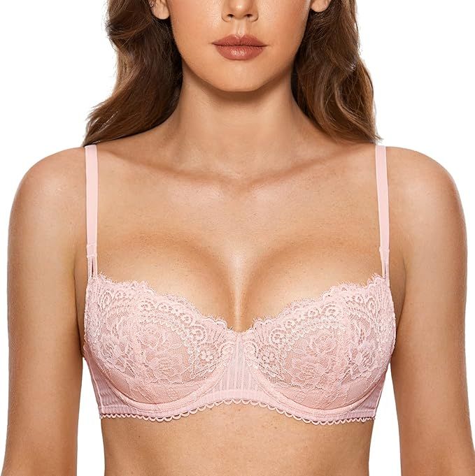 DOBREVA Women's Sexy Lace Push Up Plus Size Bra Sheer Balconette Underwire Unlined | Amazon (US)