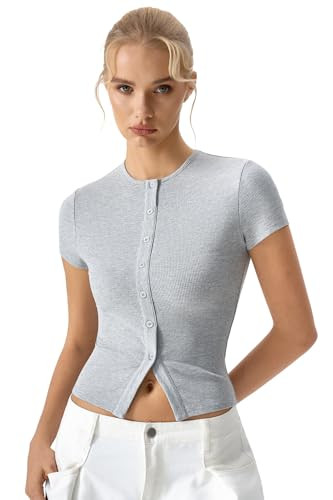 QINSEN Women's Crewneck Short Sleeve T Shirts Ribbed Button Going Out Trendy Tops | Amazon (US)