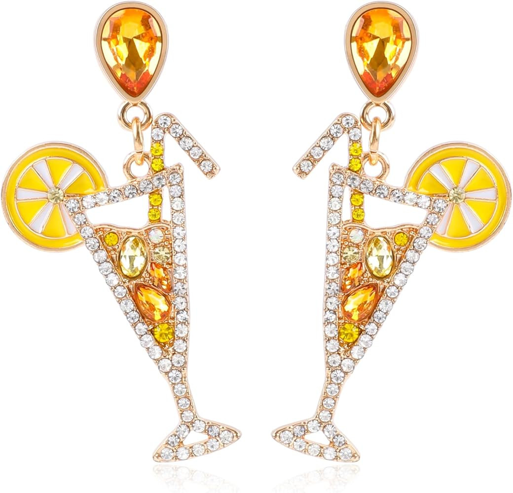 Fun Cocktail Earrings for Women Dangle Rhinestone Shining Crystal Lemon Drinking Champagne Martin... | Amazon (US)