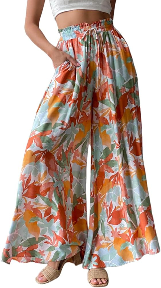 YOCUR Women Summer Beach Vacation Pants High Waisted Wide Leg Pants Printed Loose Flowy Casual Pa... | Amazon (US)