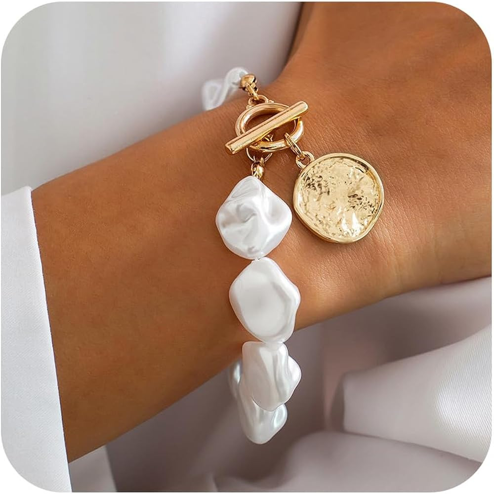 Baroque Pearl Bracelet for Women Adjustable Boho Irregular Pearls Bracelet Chunky Gold Heart Togg... | Amazon (US)