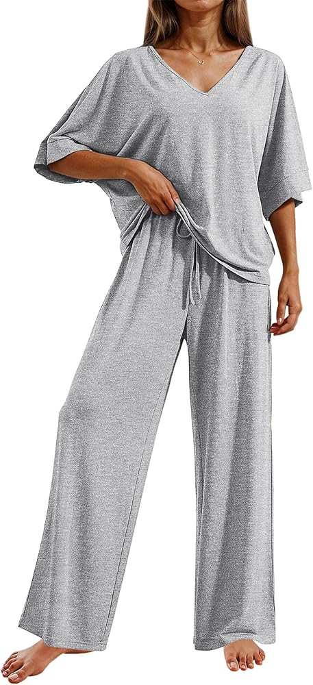 Ekouaer Pajama Sets for Women 2 Piece Lounge Set Short Sleeve Tops and Long Pants Soft Comfy Pjs ... | Amazon (US)