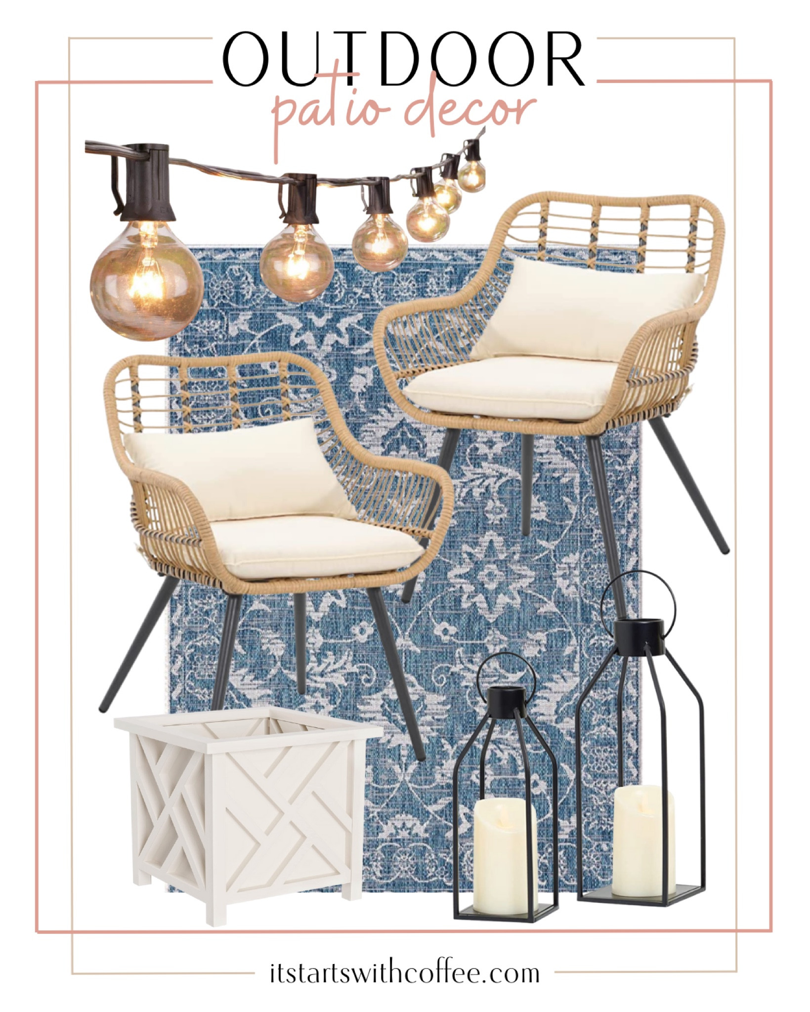 Outdoor patio decor includes outdoor bistro set, outdoor string lights, outdoor rug, outdoor lanterns, and planter.

Home decor, outdoor decor, patio decor, outdoor living, outdoor entertainment

#LTKhome #LTKstyletip #LTKfamily