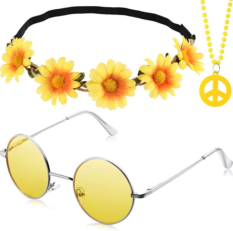 3 Pieces Hippie Costume Party Accessories Set includes Peace Sign Bead Necklace, Flower Crown Hea... | Amazon (US)