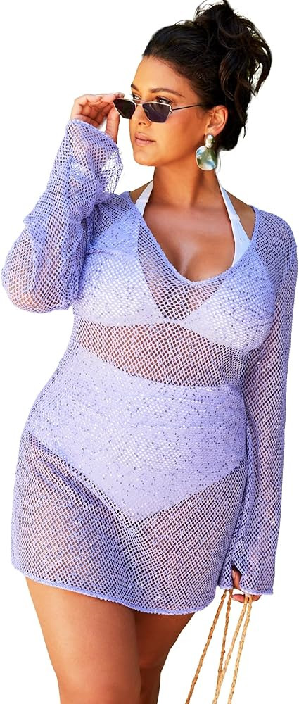 Swimsuits For All Women's Sequin V-Neck Cover Up Dress (Plus | Amazon (US)