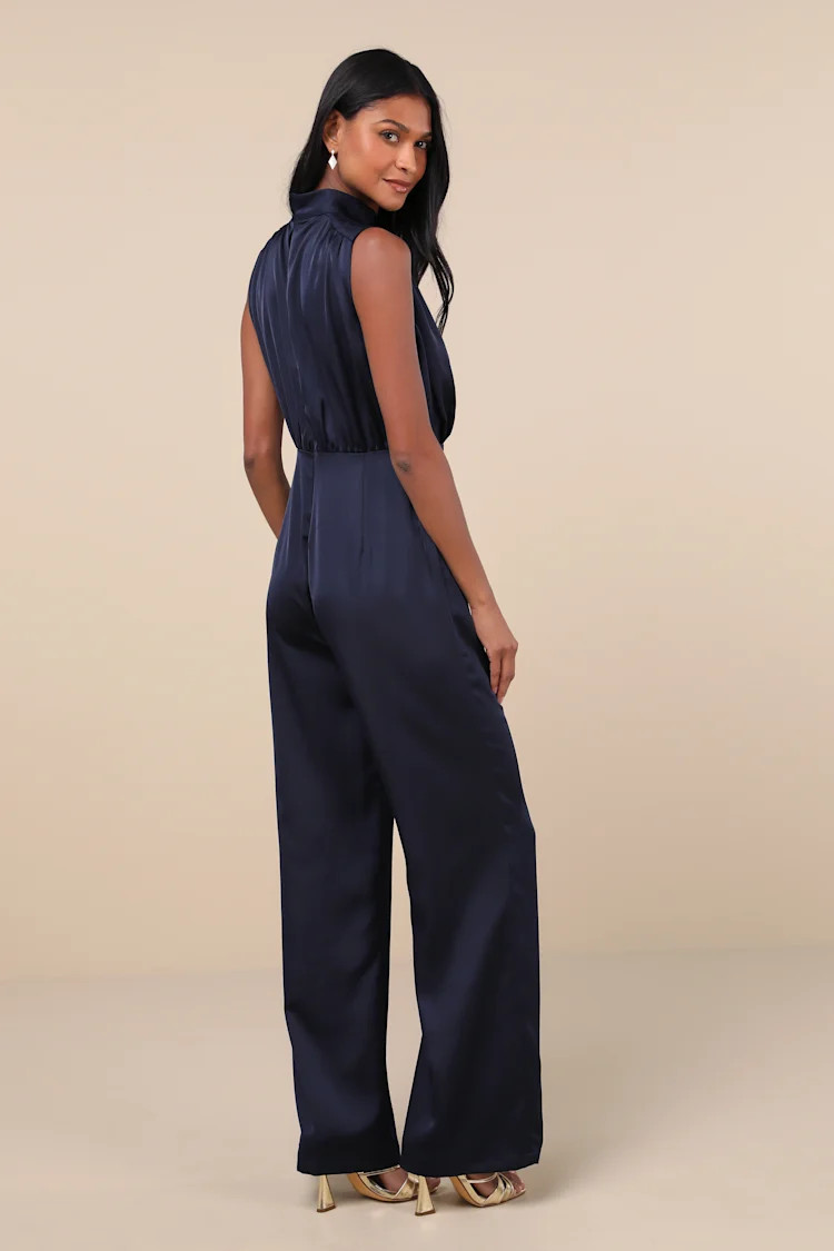 Classic Elegance Navy Blue Satin Sleeveless Mock Neck Jumpsuit | Lulus