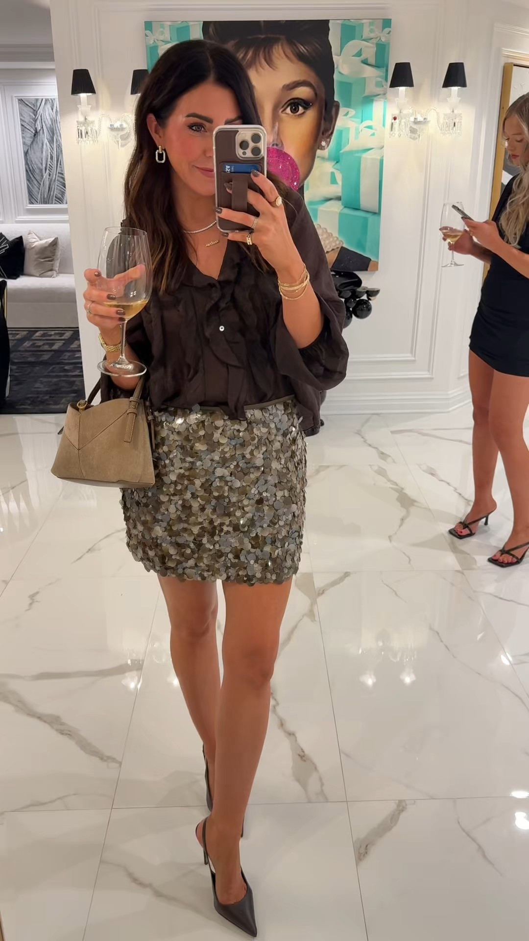 Night out in NYC dinner look! Zara brown ruffle blouse (medium), Zara brown sequin mini skirt, brown pumps and Zara mini suede bag!

#LTKOver40 #LTKStyleTip #LTKFindsUnder100