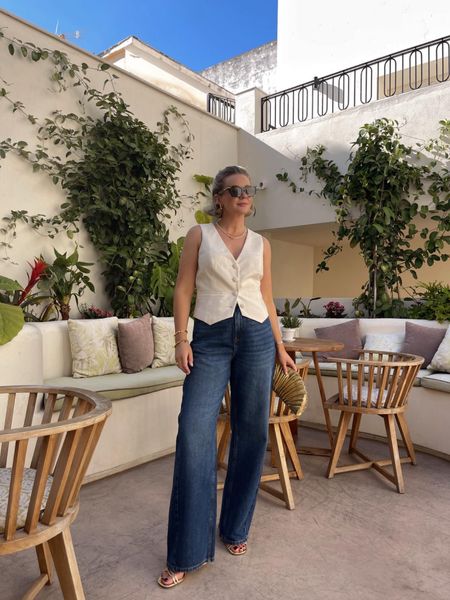 Spring summer evening holiday outfit idea - cream waistcoat and blue jeans from my Laura Byrnes x Very edit, gold heeled sandals, gold clutch bag & mantra sunglasses  

#LTKstyletip #LTKSeasonal #LTKeurope