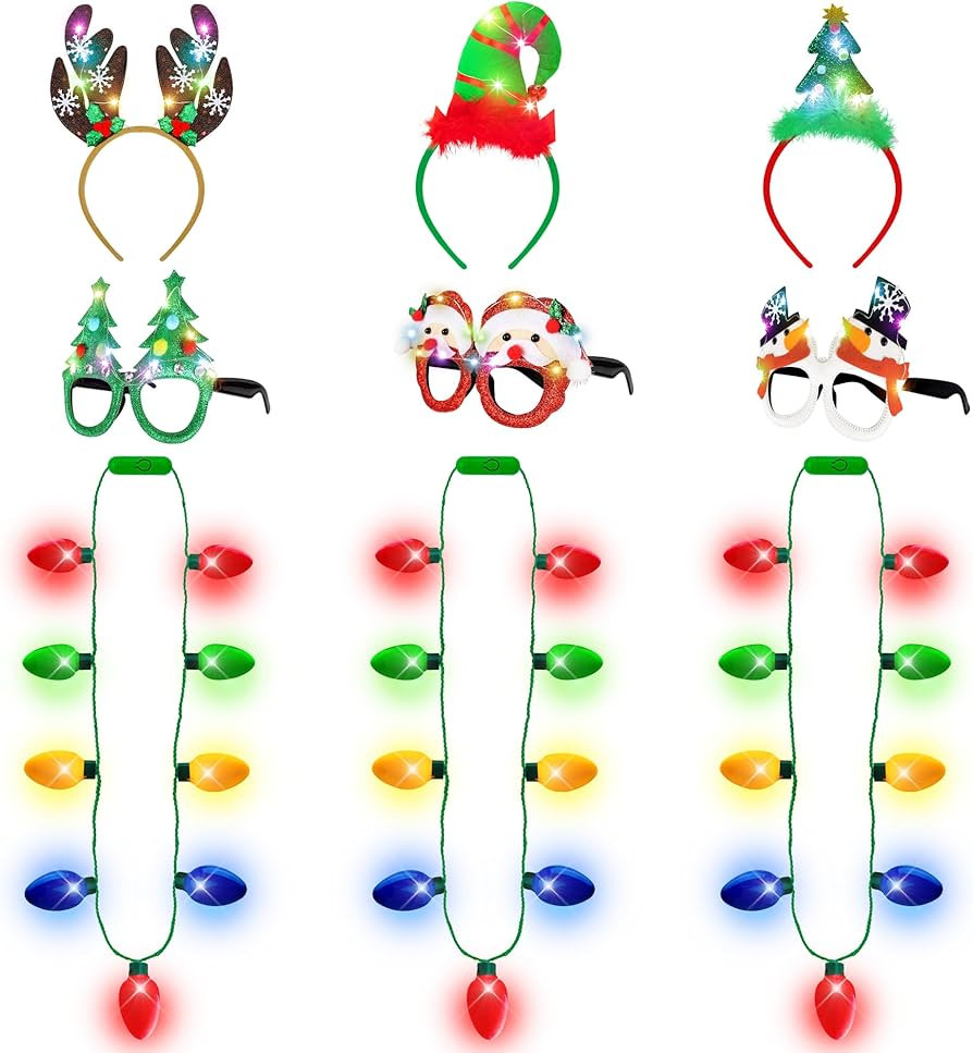 9PCS Christmas Party Favors, Light Up Christmas Necklace Headband Glasses Set, Xmas Bulb Necklace... | Amazon (US)