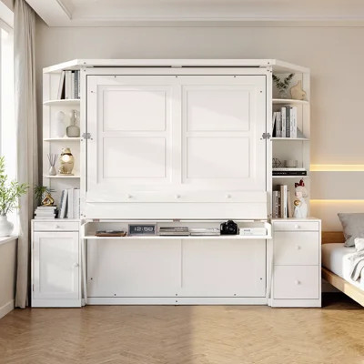 Queen Murphy Bed with Desk, Storage Shelves and Cabinets, Hidden Wall Bed for Space-Saving Home Office | Wayfair North America