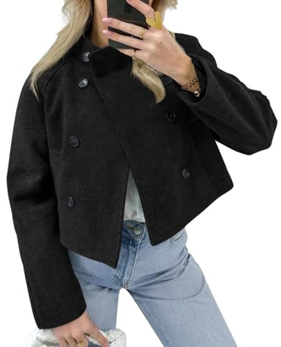 Cicy Bell Womens Cropped Pea Coat Casual Double Breasted Stand Collar Long Sleeve Fall Short Jackets Outwear | Amazon (US)