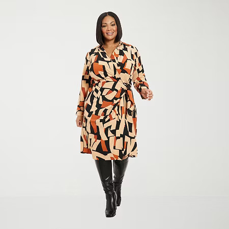 London Style Womens Plus Long Sleeve Striped Midi Fit + Flare Dress, 18w, Brown | JCPenney