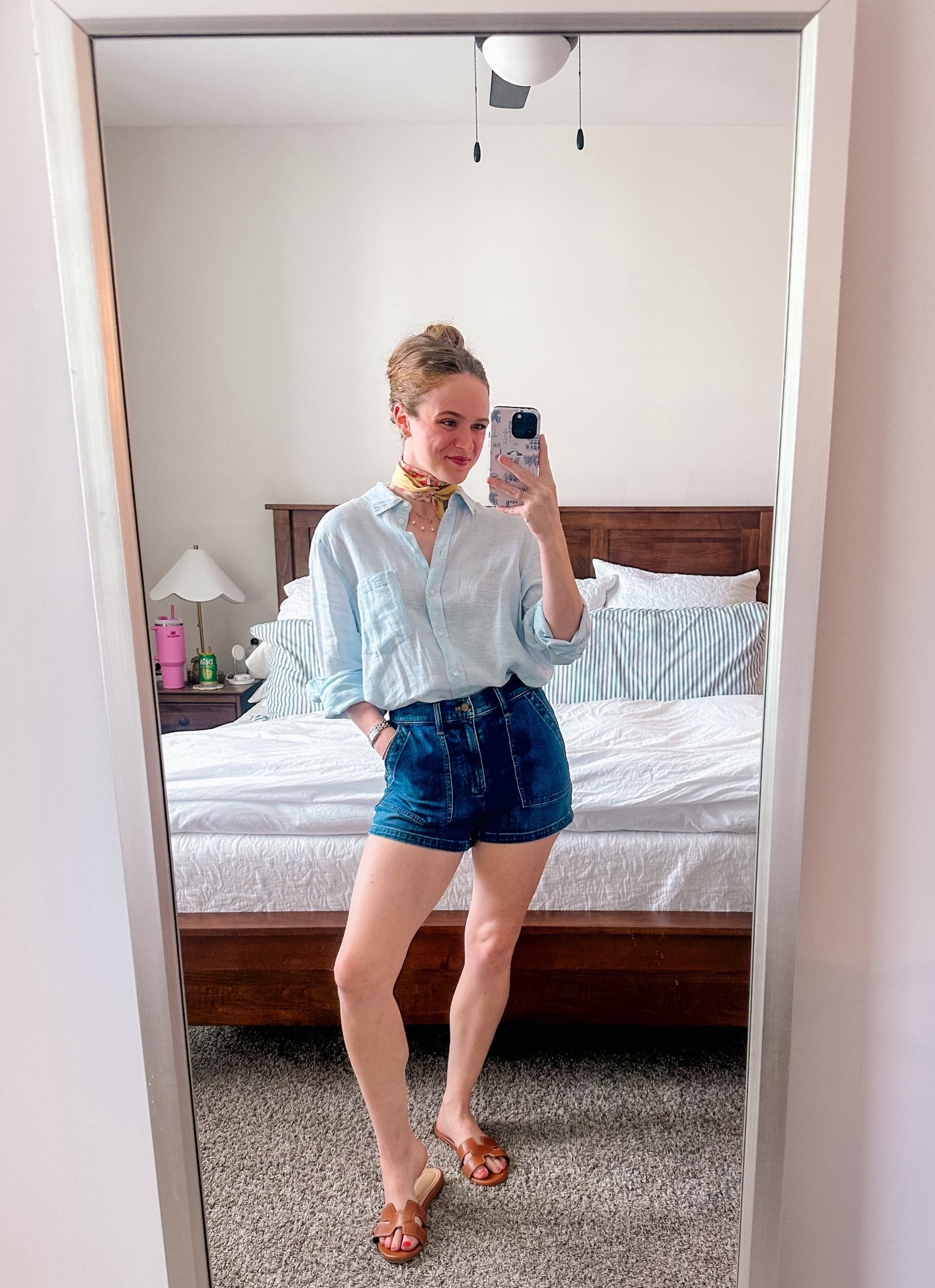 WFH OOTD for a day of meetings!! Love this combo of the chambray blouse + a twilly as a neck scarf!! 