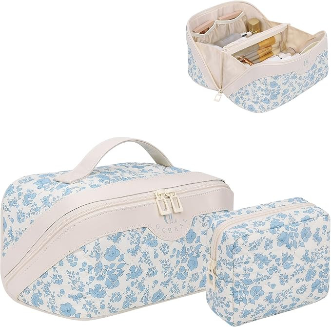 Travel Makeup Bag Organizer Cosmetic Bag, 2Pcs Floral Make up Bag Portable Pouch Open Flat Pouch ... | Amazon (US)