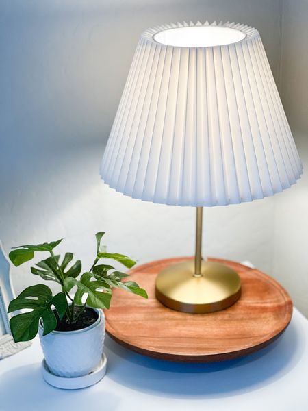 Pleated lamp shade  white, Target home decor, gold mini lamp, wood tray, wood cake stand.

#LTKunder50 #LTKunder100 #LTKhome