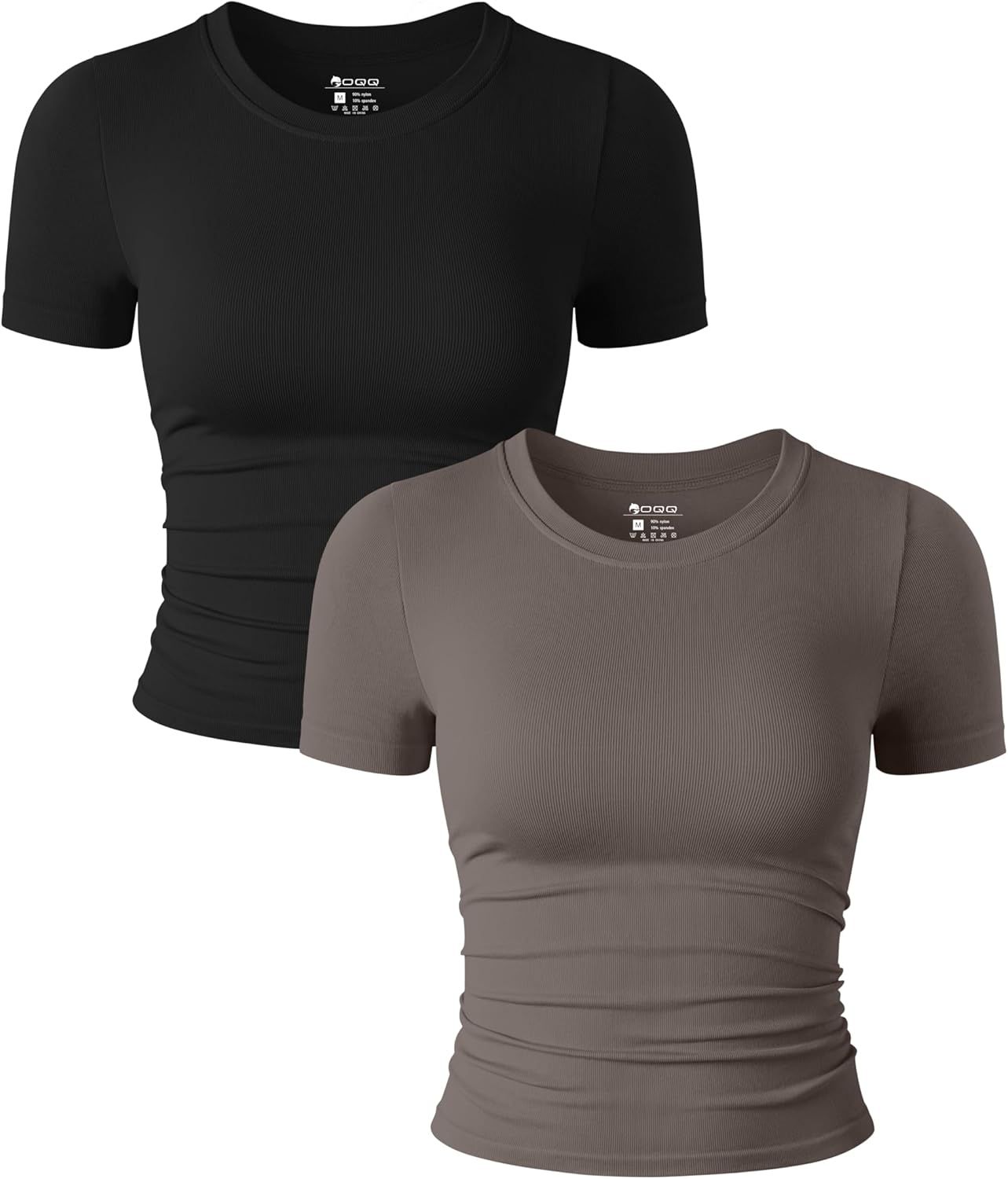 OQQ Womens 2 Piece Shirts Short Sleeve Crew Neck Ruched Stretch Fitted Tee Shirts Crop Tops | Amazon (US)