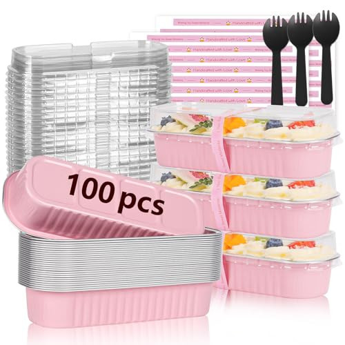 YQER 100 Pack Mini Loaf Pans with Lids and Spoons Sealing Sticker, 6.8oz Mini Cake Pans for Baking, Disposable Aluminum Foil Loaf Pans, Pink Loaf Baking Pans, Small Cake Containers With Lids | Amazon (US)