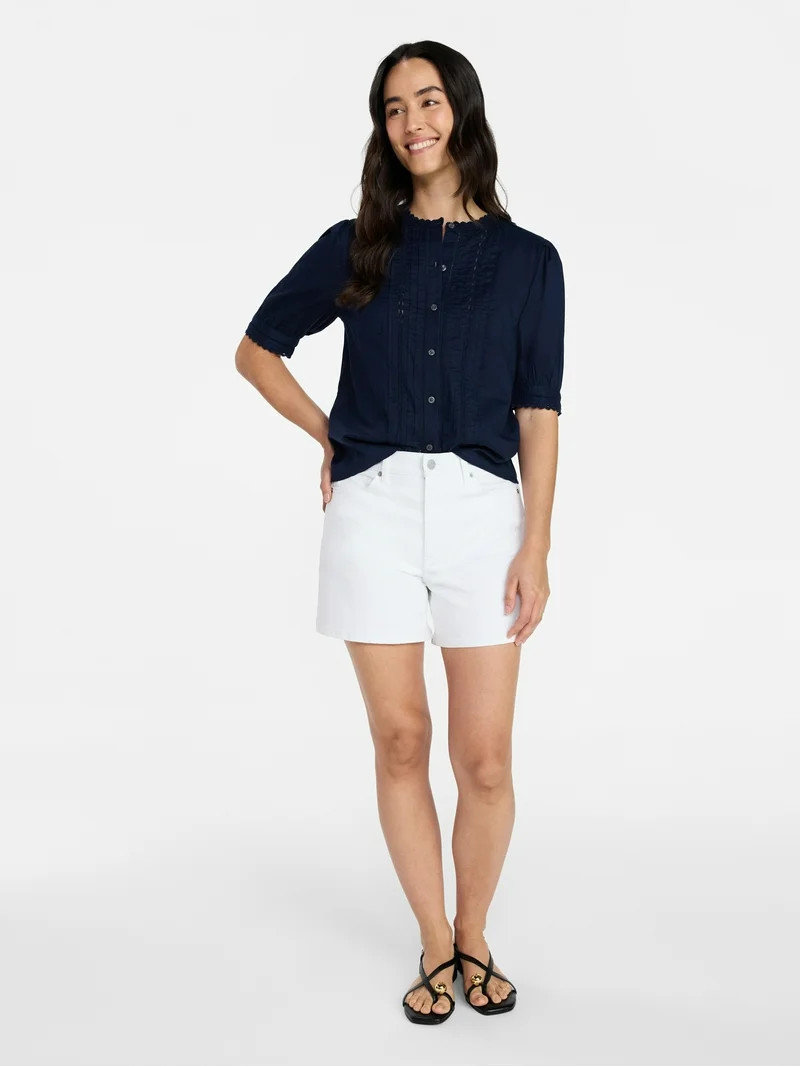 Time and Tru Women's and Women's Plus Short Sleeve Lace Insert Button Front Top, Sizes XS-4X | Walmart (US)