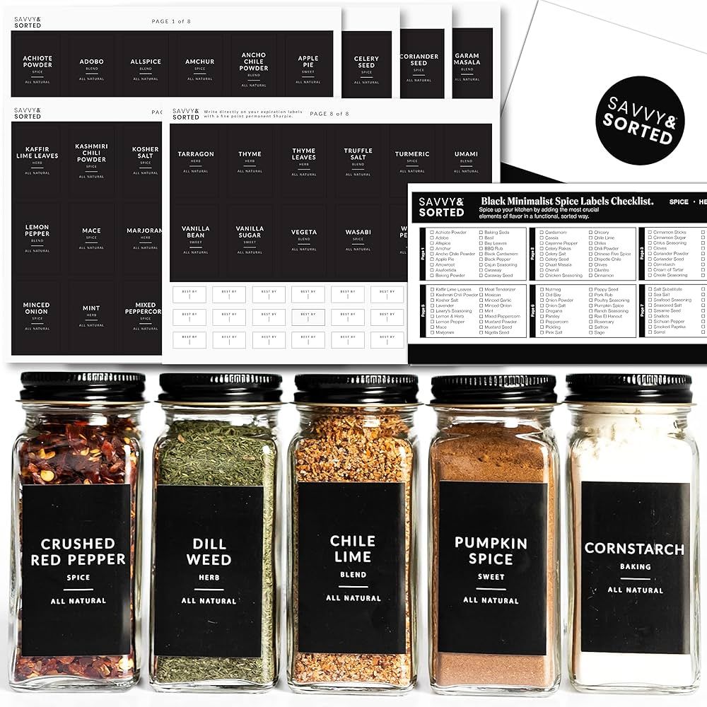 148 Black Minimalist Spice Labels Stickers | Spice Jar Labels Preprinted | White Text on Black La... | Amazon (US)