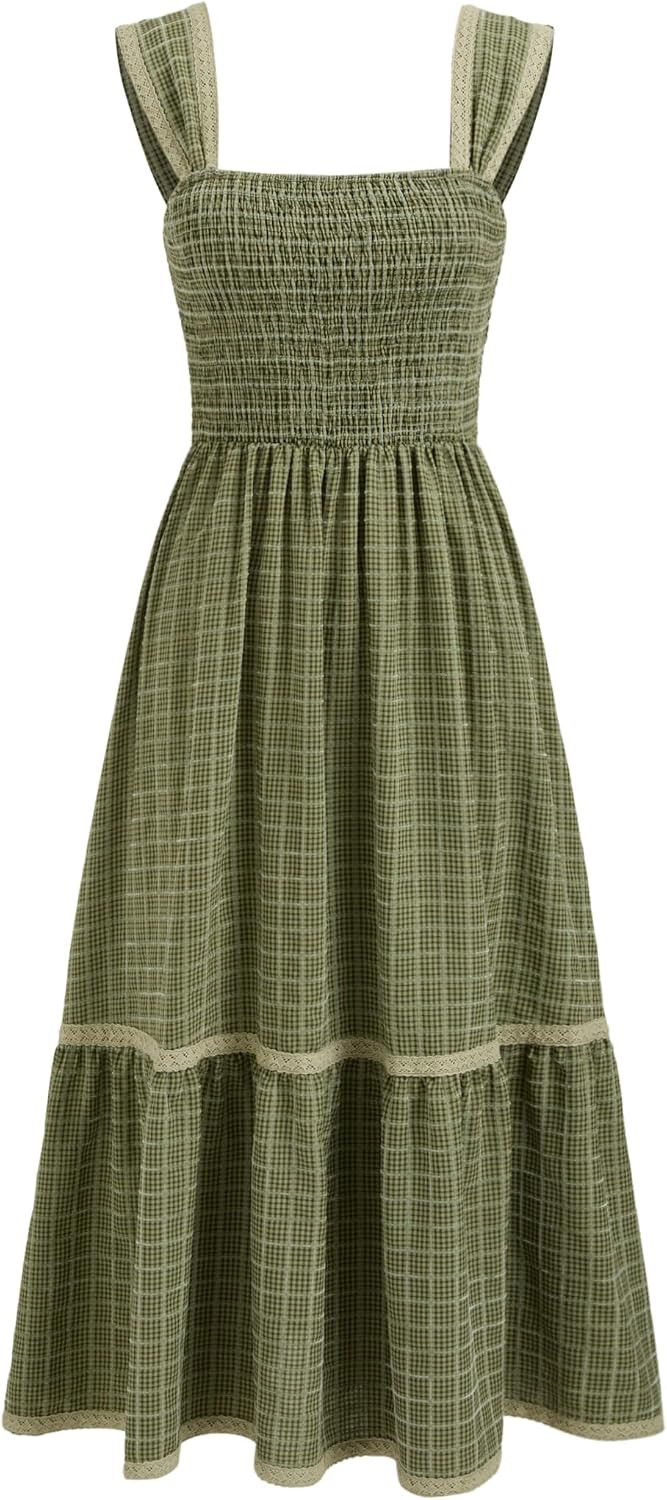 CIDER Gingham Square Neck Shirred Dresses Summer Casual Vacation Woven Maxi Dress | Amazon (US)