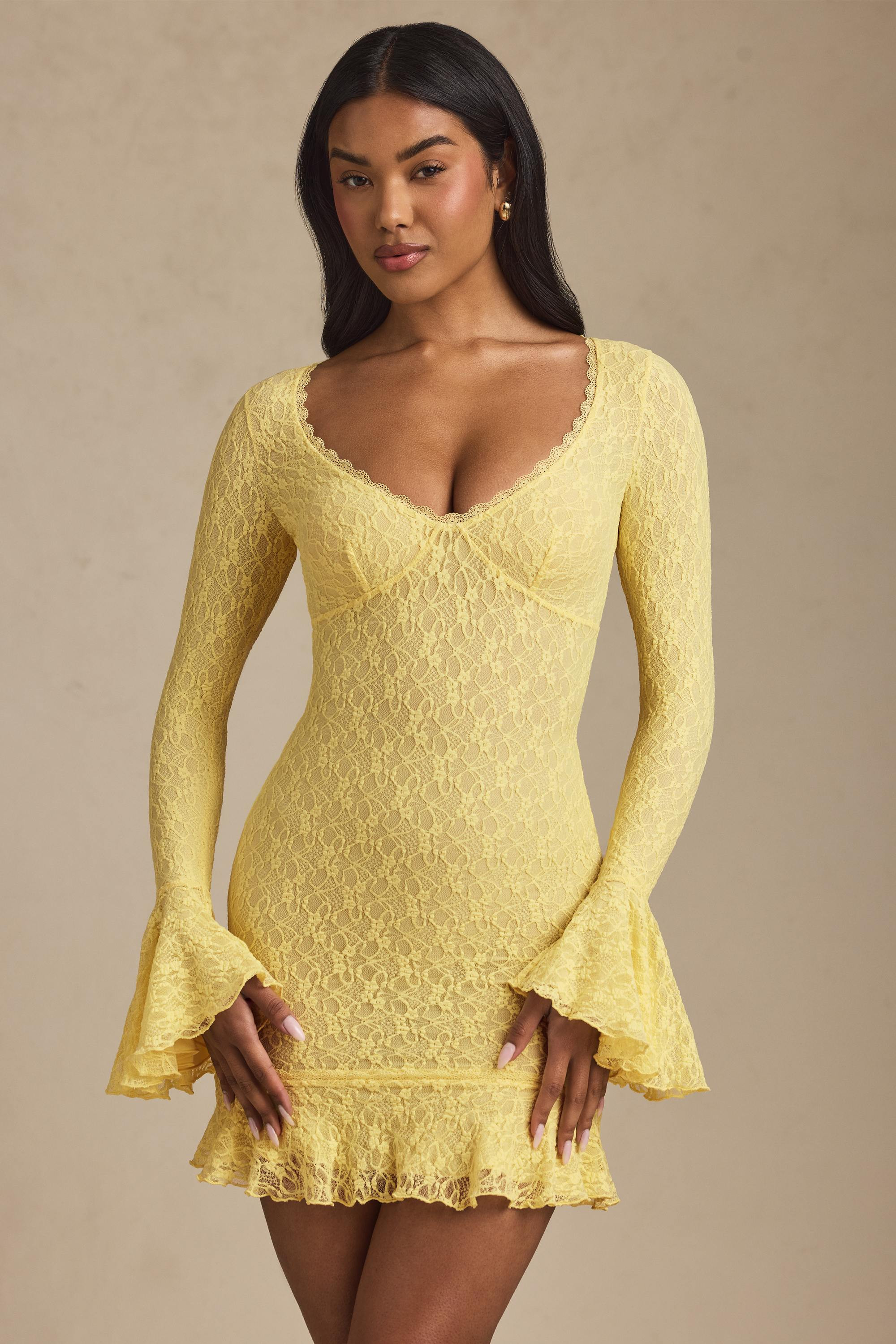 Long-Sleeve Ruffled Lace Mini Dress in Pastel Yellow | Oh Polly