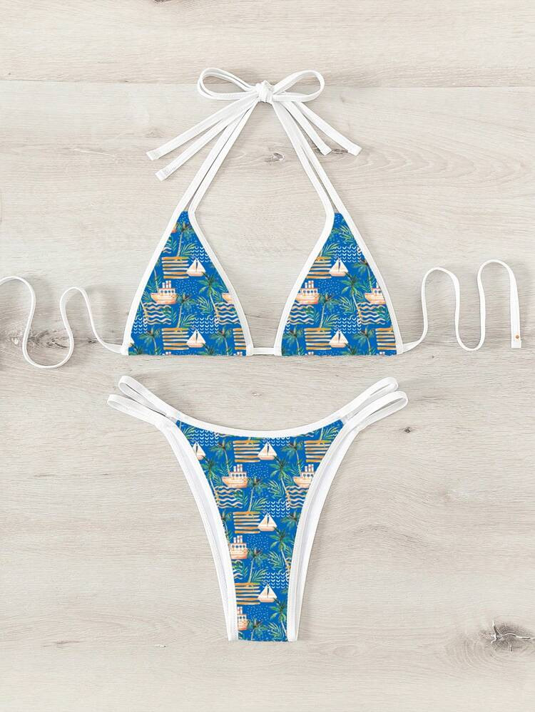 Cartoon Graphic Contrast Binding Halter Triangle Bikini Swimsuit | SHEIN