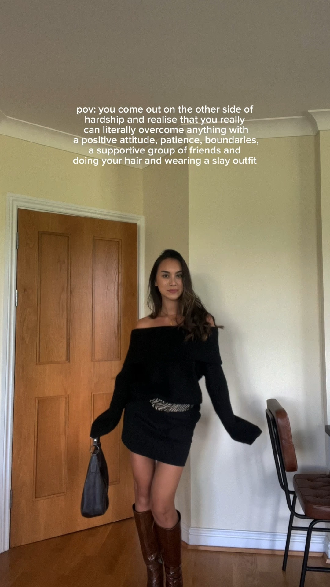 🧸 Cosy autumn day out - H&M off shoulder black fold over jumper + NAKD black mid waist mini skirt + zebra leather belt + alohas brown croc effect knee high boots + brown leather shoulder bag 

#LTKSeasonal #LTKeurope