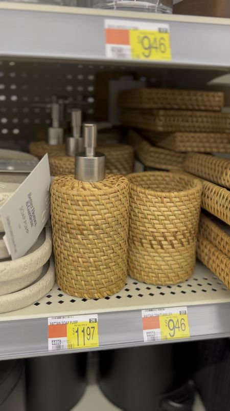 Walmart woven rattan bathroom accessories, how pretty are these?! Not all items are online yet. Pottery Barn has similar. 

#LTKHome