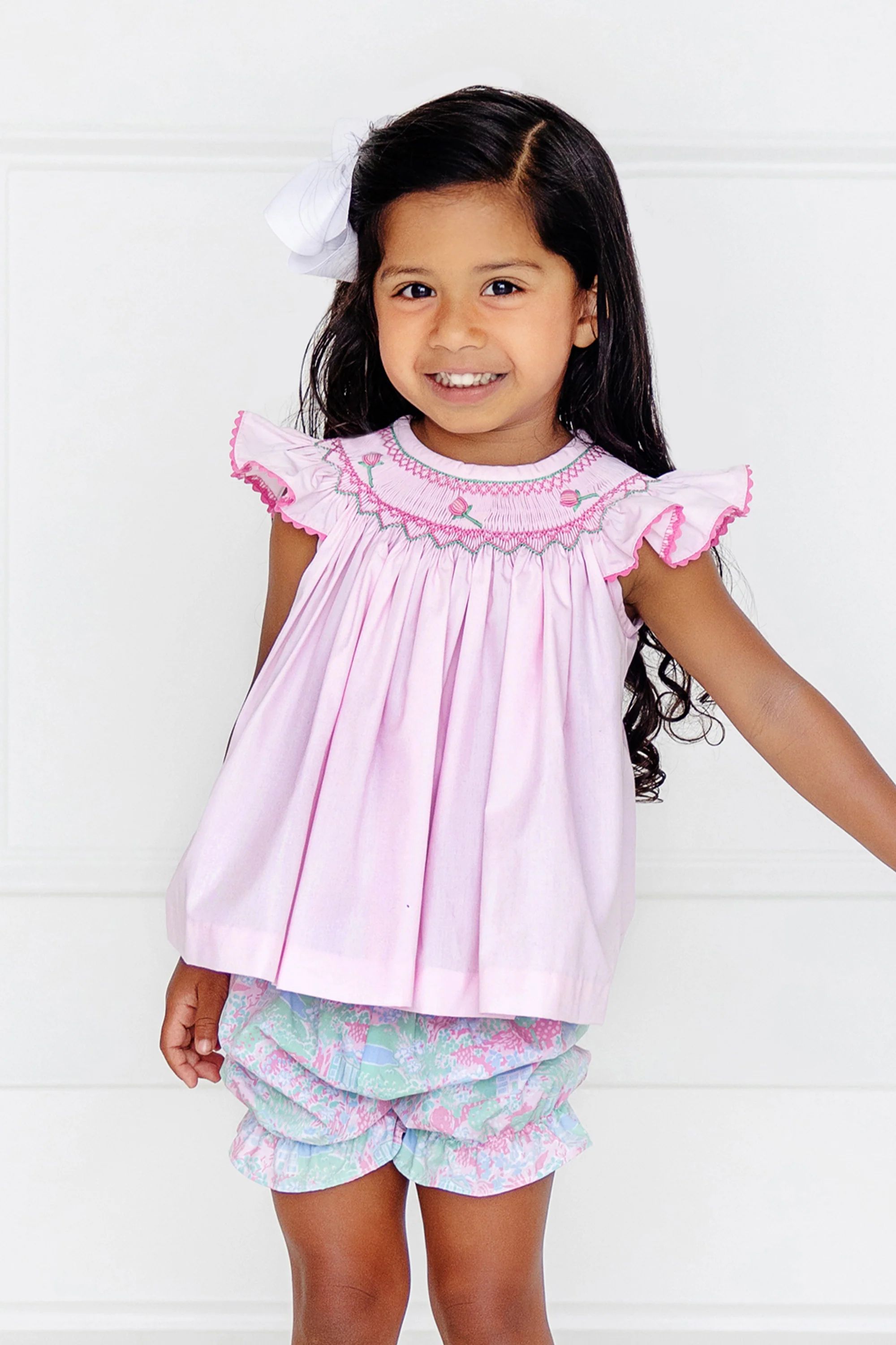 Cecilia Smocked Set - Palm Beach Pink with Beasley Blooms | The Beaufort Bonnet Company