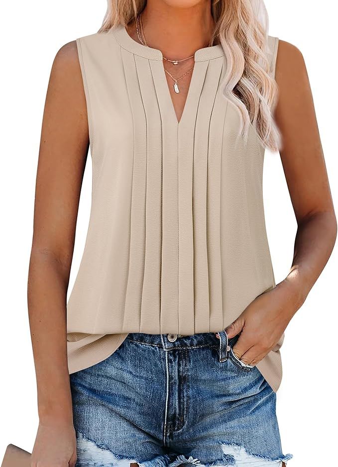 Gaharu Sleeveless Chiffon Tank Tops for Women Dressy V Neck Blouses Work Pleated Shirt | Amazon (US)