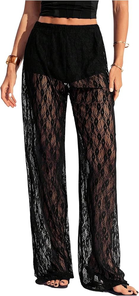 Women's Y2K Floral Lace See Through Pants Sheer Straight Leg Long Pants Club Wear | Amazon (US)