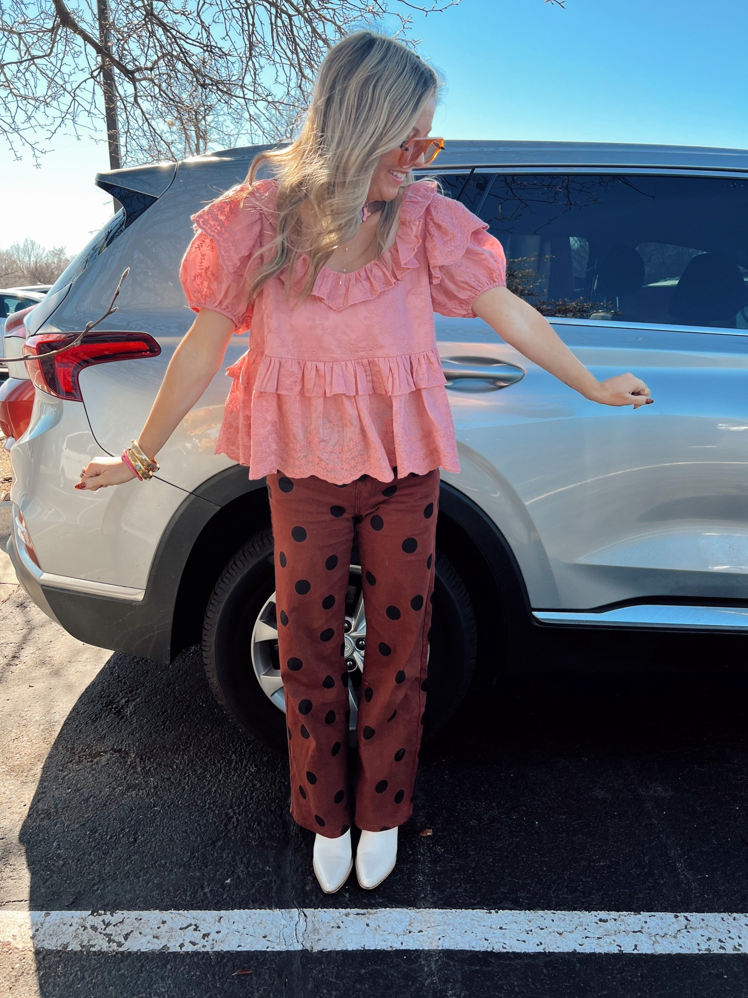 Adding texture and patterns brings me so much JOY! 🤩 

Polka dot pants, lace top, cowboy boots, beaded jewelry 

#polkadots #churchoutfit #modest

#LTKootd #LTKmomlife