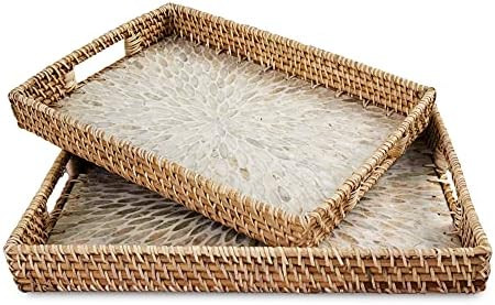 Set 2 Pack Rectangular Rattan Wicker Tray with Mother of Pearl Inlay Wooden Base and Insert Handl... | Amazon (US)
